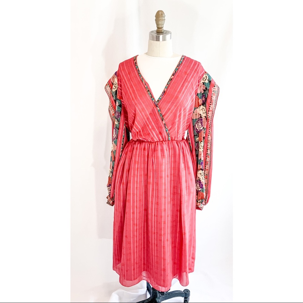 80s dress, chiffon, red houndstooth, large floral